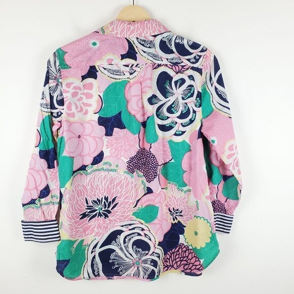 Talbots Medium Petite Pink Blue Tropical floral Popover Blouse Collared long Sle - Picture 8 of 9